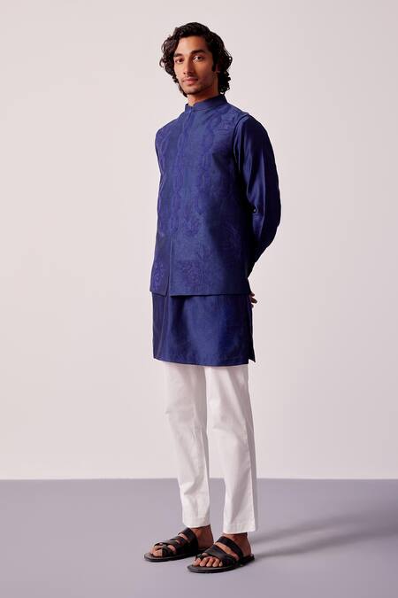 Devnaagri_Blue Lycra, Linen, Silk Embroidery Geometric Bloom Bundi Set _Online_at_Aza_Fashions