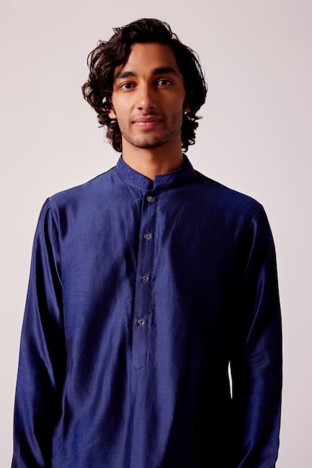 Devnaagri_Blue Lycra, Linen, Silk Embroidery Geometric Bloom Bundi Set _at_Aza_Fashions