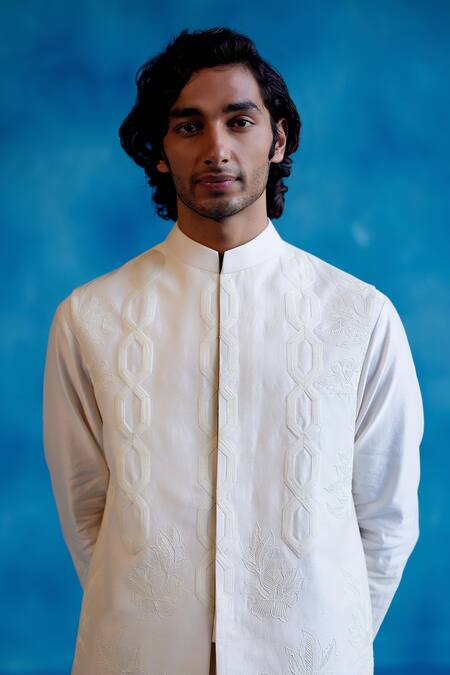 Buy_Devnaagri_White Silk, Linen, Lycra Embroidery Geometric Blossom Bundi Set _Online_at_Aza_Fashions