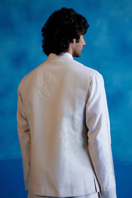 Shop_Devnaagri_White Silk, Linen, Lycra Embroidery Geometric Blossom Bundi Set _Online_at_Aza_Fashions