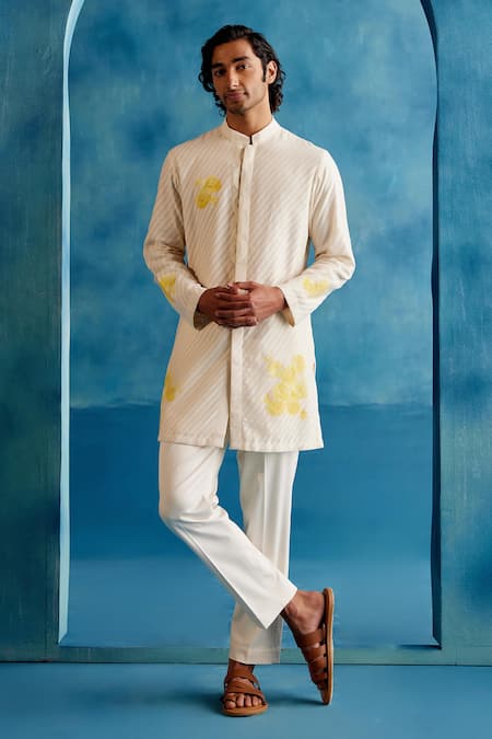 Shop Devnaagri Ivory Chanderi, Lycra, Wool Embroidery Hand Painted Kurta And Pant Set Shop_Devnaagri_Ivory Chanderi, Lycra, Wool Embroidery Hand Painted Kurta And Pant Set
