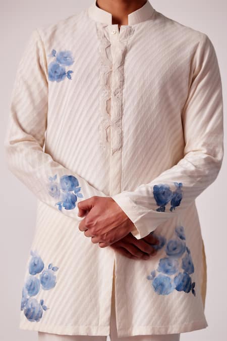 Shop Devnaagri Ivory Chanderi, Lycra Hand Painted Kurta And Slim Pant Set Online at Aza Fashions Shop_Devnaagri_Ivory Chanderi, Lycra Hand Painted Kurta And Slim Pant Set _Online_at_Aza_Fashions