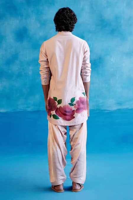 Devnaagri_Pink Silk, Chanderi, Tussar, Satin Hand Painted Kurta And Salwar Set _Online_at_Aza_Fashions