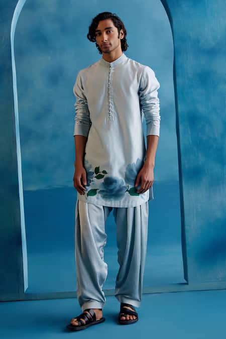 Buy_Devnaagri_Blue Silk, Chanderi, Tussar, Satin Hand Painted Kurta And Salwar Set _Online_at_Aza_Fashions