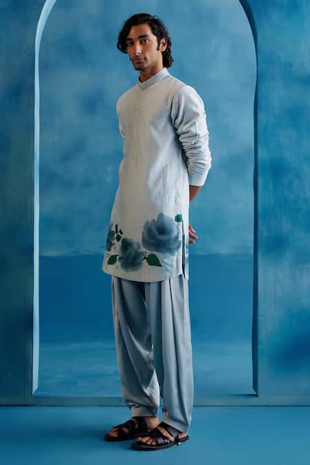 Shop_Devnaagri_Blue Silk, Chanderi, Tussar, Satin Hand Painted Kurta And Salwar Set _Online_at_Aza_Fashions