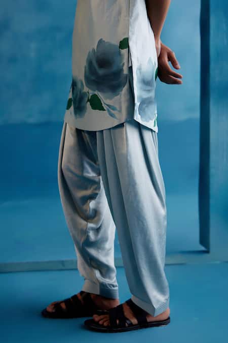 Devnaagri_Blue Silk, Chanderi, Tussar, Satin Hand Painted Kurta And Salwar Set _at_Aza_Fashions