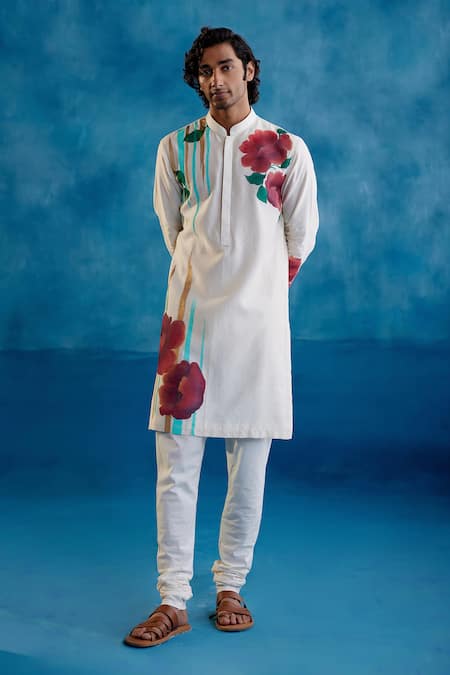 Devnaagri Silk Chanderi Floral Hand Painted Kurta & Churidar Set 