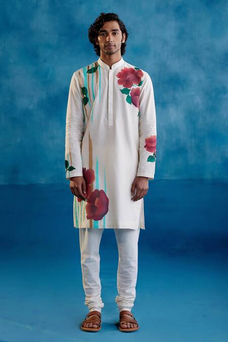 Devnaagri Beige Cotton, Silk, Chanderi Floral Hand Painted Kurta And Churidar Set Online at Aza Fashions Devnaagri_Beige Cotton, Silk, Chanderi Floral Hand Painted Kurta And Churidar Set _Online_at_Aza_Fashions