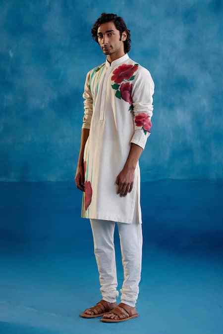 Devnaagri Beige Cotton, Silk, Chanderi Floral Hand Painted Kurta And Churidar Set at Aza Fashions Devnaagri_Beige Cotton, Silk, Chanderi Floral Hand Painted Kurta And Churidar Set _at_Aza_Fashions