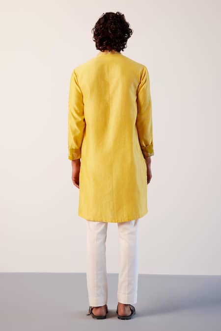 Shop Devnaagri Yellow Silk, Lycra Zari Chanderi Embroidered Placket Kurta And Pant Set at Aza Fashions Shop_Devnaagri_Yellow Silk, Lycra Zari Chanderi Embroidered Placket Kurta And Pant Set _at_Aza_Fashions