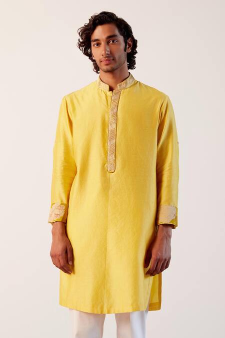 Buy Devnaagri Yellow Silk, Lycra Zari Chanderi Embroidered Placket Kurta And Pant Set Online at Aza Fashions Buy_Devnaagri_Yellow Silk, Lycra Zari Chanderi Embroidered Placket Kurta And Pant Set _Online_at_Aza_Fashions