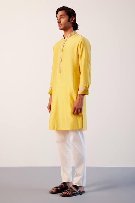 Shop Devnaagri Yellow Silk, Lycra Zari Chanderi Embroidered Placket Kurta And Pant Set Online at Aza Fashions Shop_Devnaagri_Yellow Silk, Lycra Zari Chanderi Embroidered Placket Kurta And Pant Set _Online_at_Aza_Fashions