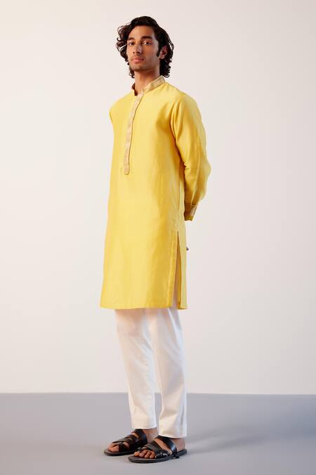 Devnaagri Yellow Silk, Lycra Zari Chanderi Embroidered Placket Kurta And Pant Set at Aza Fashions Devnaagri_Yellow Silk, Lycra Zari Chanderi Embroidered Placket Kurta And Pant Set _at_Aza_Fashions