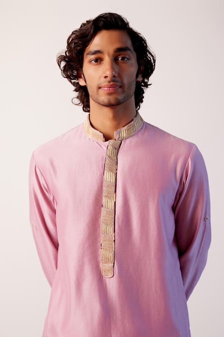 Devnaagri_Purple Silk, Lycra Zari Chanderi Kurta And Pant Set _at_Aza_Fashions