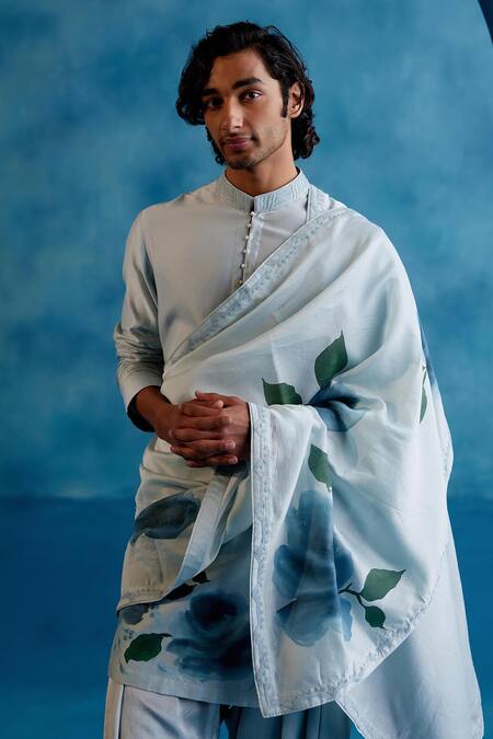 Devnaagri_Blue Bluebell Hand Painted Stole _Online_at_Aza_Fashions