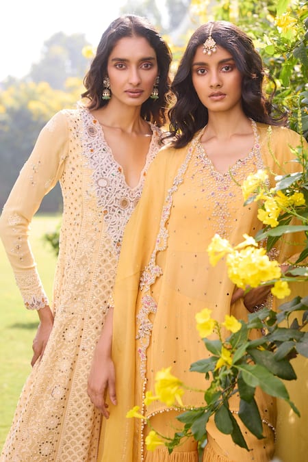 Dolly J Yellow Chiffon Pearls, Alina Kamdani Asymmetric Short Anarkali Sharara Set Online at Aza Fashions Dolly J_Yellow Chiffon Pearls, Alina Kamdani Asymmetric Short Anarkali Sharara Set _Online_at_Aza_Fashions