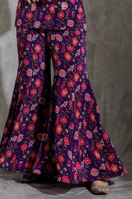 Shreya J Label_Purple Crepe, Chiffon Beads V-neck Floral Print Jacket And Sharara Set _Online_at_Aza_Fashions