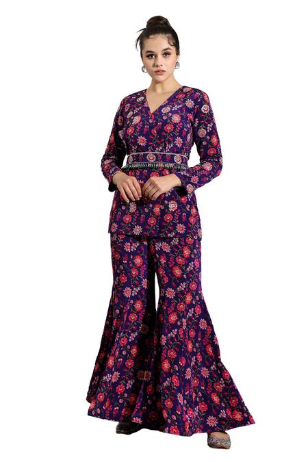 Buy_Shreya J Label_Purple Crepe, Chiffon Beads V-neck Floral Print Jacket And Sharara Set _Online_at_Aza_Fashions