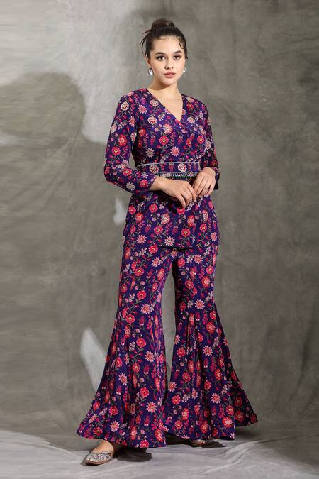 Shop_Shreya J Label_Purple Crepe, Chiffon Beads V-neck Floral Print Jacket And Sharara Set _Online_at_Aza_Fashions