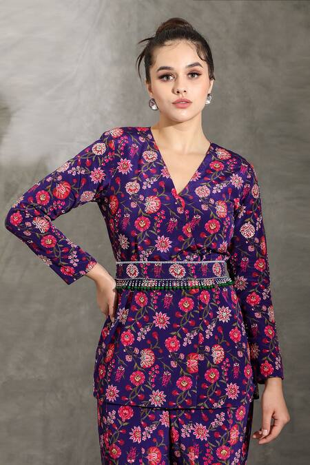 Shreya J Label_Purple Crepe, Chiffon Beads V-neck Floral Print Jacket And Sharara Set _at_Aza_Fashions