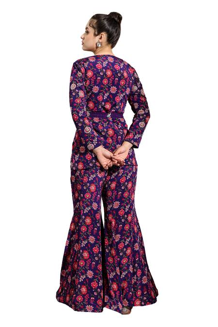 Buy_Shreya J Label_Purple Crepe, Chiffon Beads V-neck Floral Print Jacket And Sharara Set 
