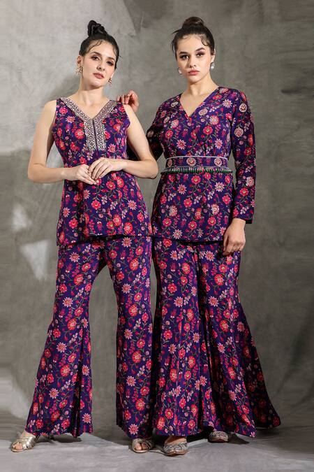 Shop_Shreya J Label_Purple Crepe, Chiffon Beads V-neck Floral Print Jacket And Sharara Set 