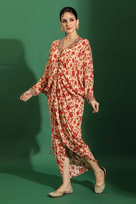 Buy_Shreya J Label_Beige Crepe Print Floral V Neck Cinched Front Dress _Online_at_Aza_Fashions