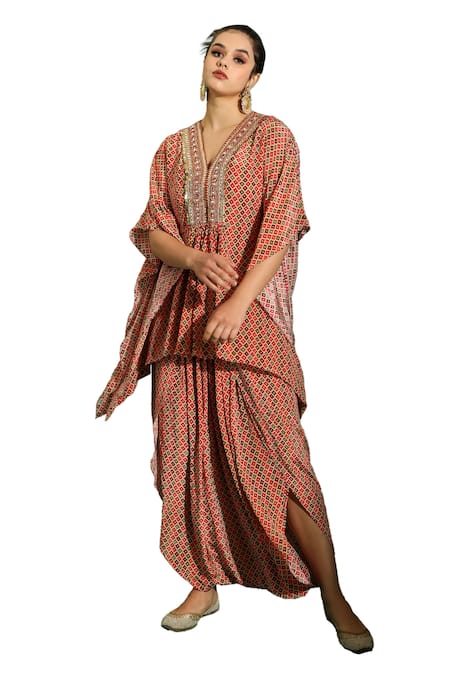 Shreya J Label_Beige Crepe V-neck Geometric Print Kaftan Tunic With Dhoti Pant _Online_at_Aza_Fashions
