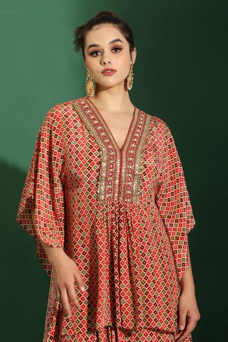 Shop_Shreya J Label_Beige Crepe V-neck Geometric Print Kaftan Tunic With Dhoti Pant _Online_at_Aza_Fashions