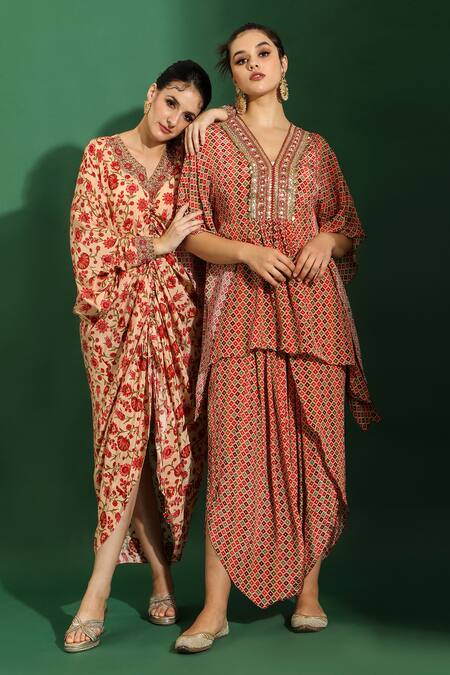 Shreya J Label_Beige Crepe V-neck Geometric Print Kaftan Tunic With Dhoti Pant _at_Aza_Fashions