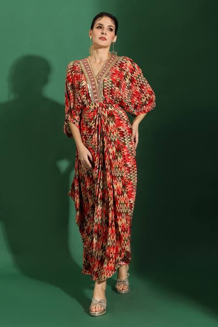 Shreya J Label_Red Crepe Print Aztec V Neck Draped Dress _Online_at_Aza_Fashions