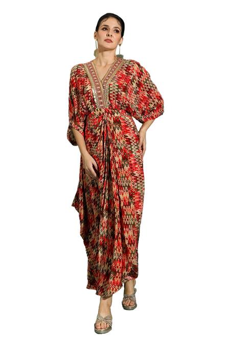 Buy_Shreya J Label_Red Crepe Print Aztec V Neck Draped Dress _Online_at_Aza_Fashions
