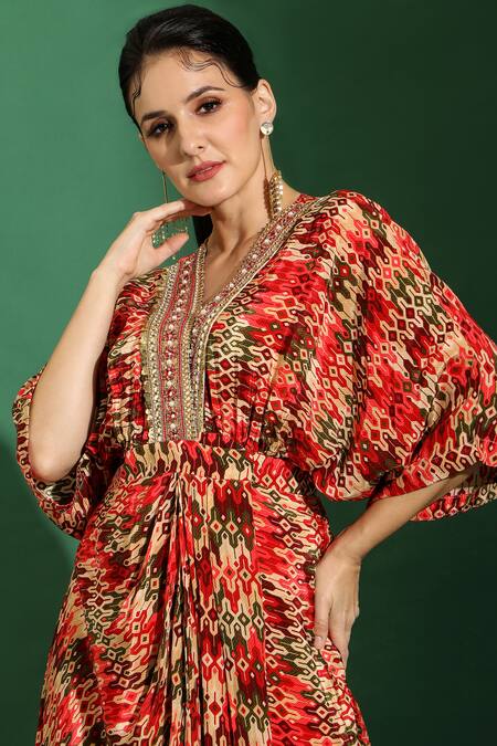 Shop_Shreya J Label_Red Crepe Print Aztec V Neck Draped Dress _Online_at_Aza_Fashions