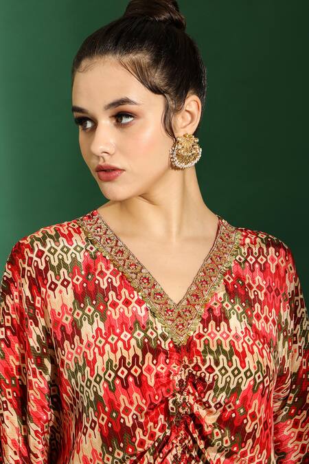 Shreya J Label_Red Crepe Print Aztec V Neck Kaftan _Online_at_Aza_Fashions