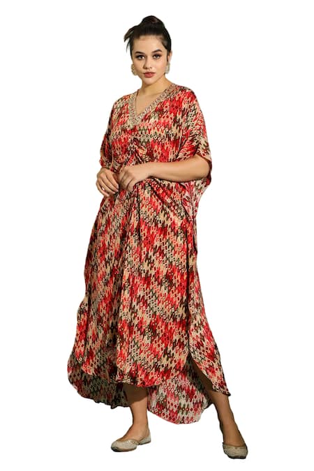 Buy Shreya J Label Red Crepe Print Aztec V Neck Kaftan Online at Aza Fashions Buy_Shreya J Label_Red Crepe Print Aztec V Neck Kaftan _Online_at_Aza_Fashions