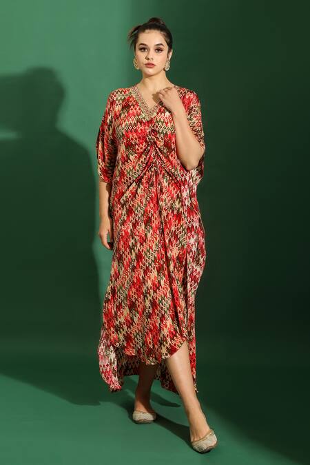 Shop_Shreya J Label_Red Crepe Print Aztec V Neck Kaftan _Online_at_Aza_Fashions