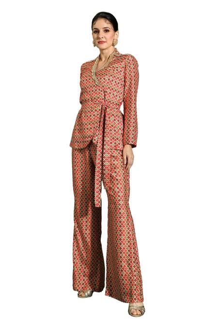 Shop_Shreya J Label_Beige Crepe Print Geometric Butti V Neck Top And Pant Set _Online_at_Aza_Fashions