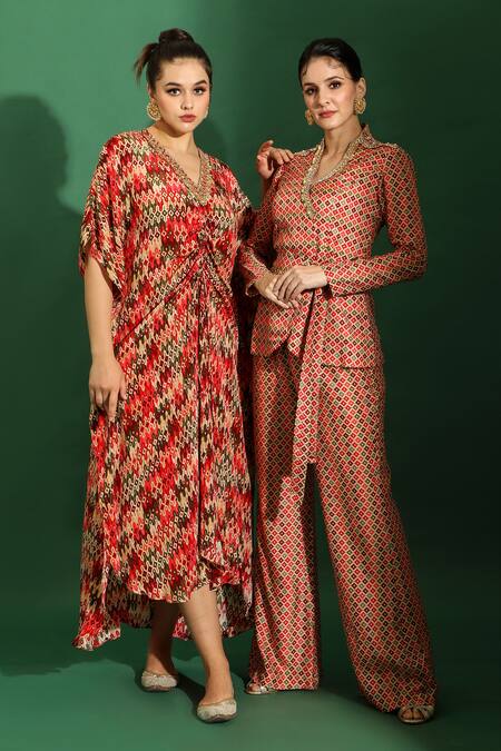 Shop_Shreya J Label_Beige Crepe Print Geometric Butti V Neck Top And Pant Set 