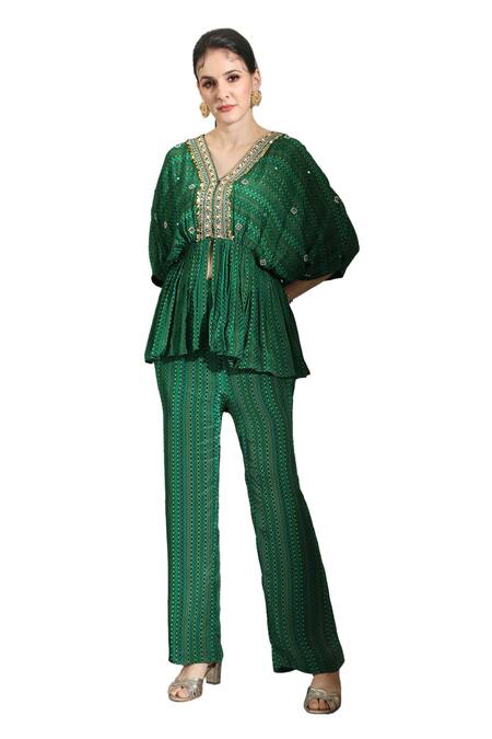 Shreya J Label_Green Crepe Pearls, Sequins V-neck Geometric Print Peplum Tunic With Pant _Online_at_Aza_Fashions