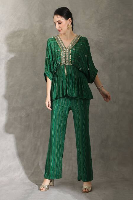 Buy_Shreya J Label_Green Crepe Pearls, Sequins V-neck Geometric Print Peplum Tunic With Pant _Online_at_Aza_Fashions