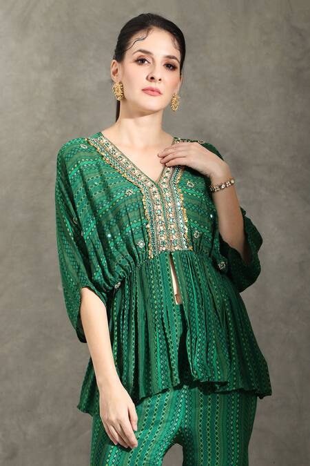 Shop_Shreya J Label_Green Crepe Pearls, Sequins V-neck Geometric Print Peplum Tunic With Pant _Online_at_Aza_Fashions