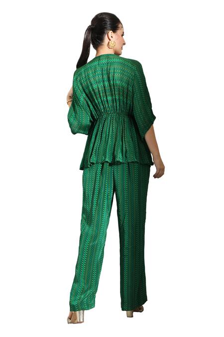 Shreya J Label_Green Crepe Pearls, Sequins V-neck Geometric Print Peplum Tunic With Pant _at_Aza_Fashions