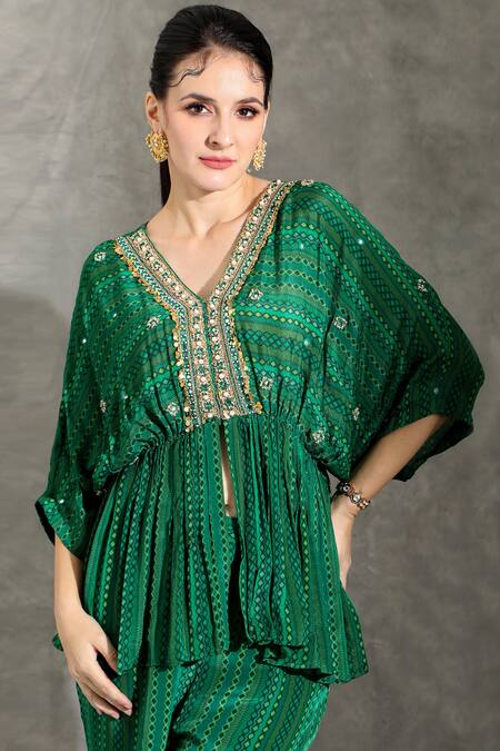 Buy_Shreya J Label_Green Crepe Pearls, Sequins V-neck Geometric Print Peplum Tunic With Pant 