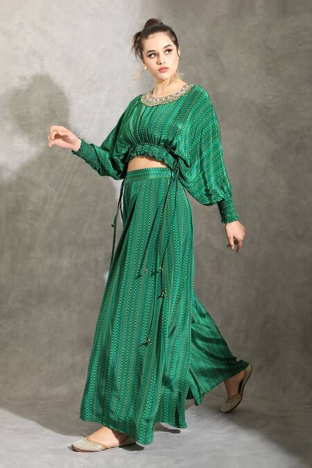 Shreya J Label_Green Crepe Round Neck Dhari Print Top With Pleated Pant _Online_at_Aza_Fashions
