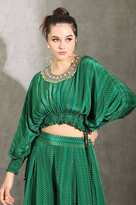 Buy_Shreya J Label_Green Crepe Round Neck Dhari Print Top With Pleated Pant _Online_at_Aza_Fashions