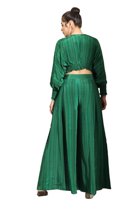 Shop_Shreya J Label_Green Crepe Round Neck Dhari Print Top With Pleated Pant _Online_at_Aza_Fashions
