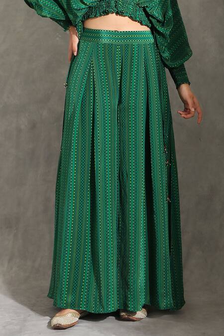 Shreya J Label_Green Crepe Round Neck Dhari Print Top With Pleated Pant _at_Aza_Fashions