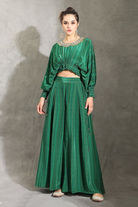Buy_Shreya J Label_Green Crepe Round Neck Dhari Print Top With Pleated Pant 