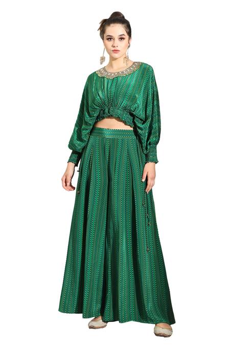 Shop_Shreya J Label_Green Crepe Round Neck Dhari Print Top With Pleated Pant 