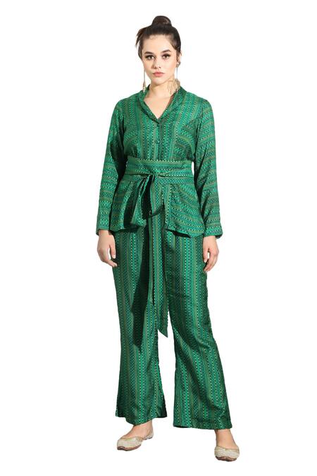 Shop Shreya J Label Green Crepe Print Dhari Collared Neck Geometric Shirt And Pant Set Online at Aza Fashions Shop_Shreya J Label_Green Crepe Print Dhari Collared Neck Geometric Shirt And Pant Set _Online_at_Aza_Fashions